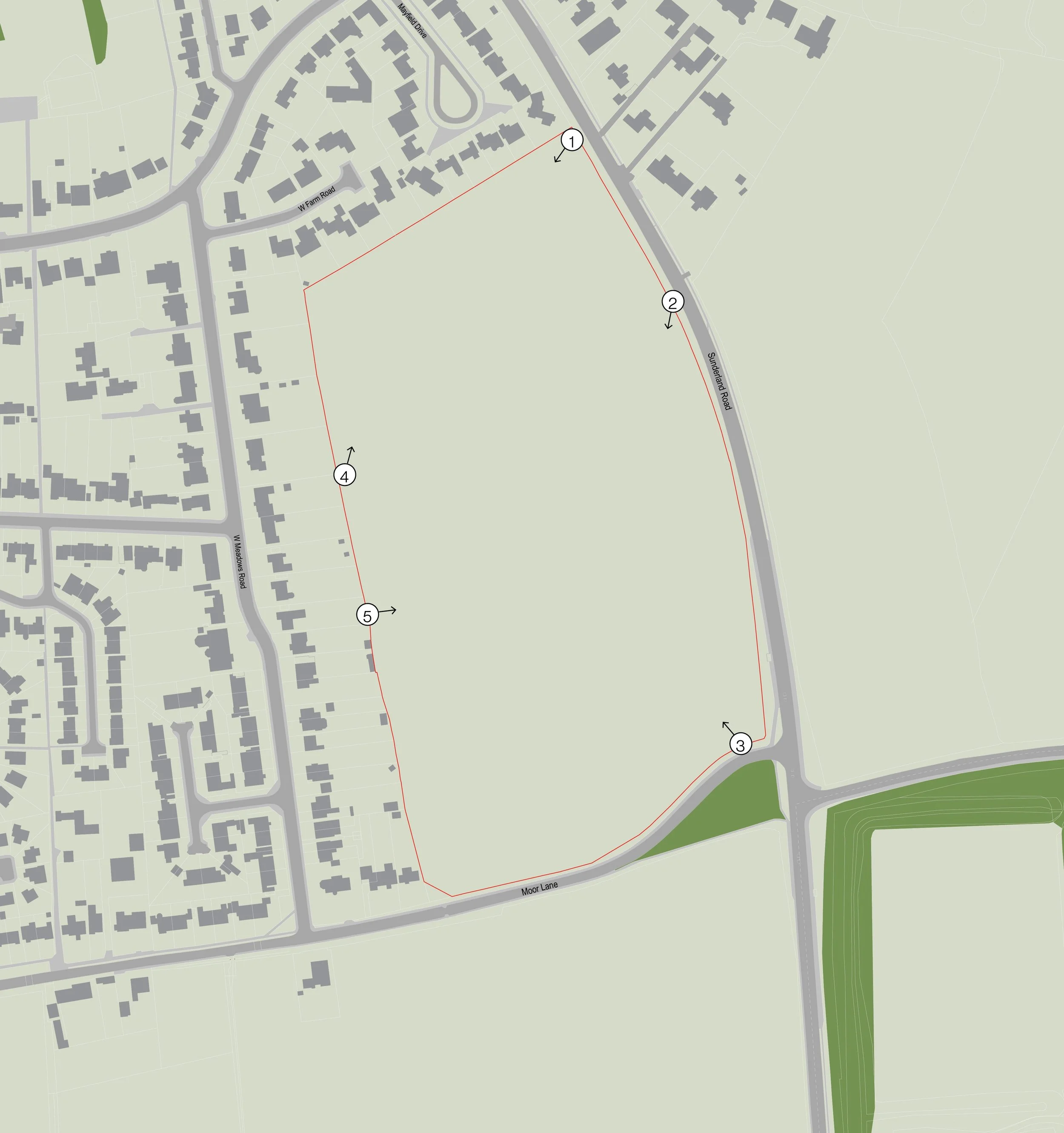 A detailed map showing a residential area with houses, roads, and green spaces. Streets labeled includes W Farm Road, Moor Lane, and Sunderland Road. There is a marked area with numbered points connected by red lines, possibly indicating a planned or existing boundary or route.