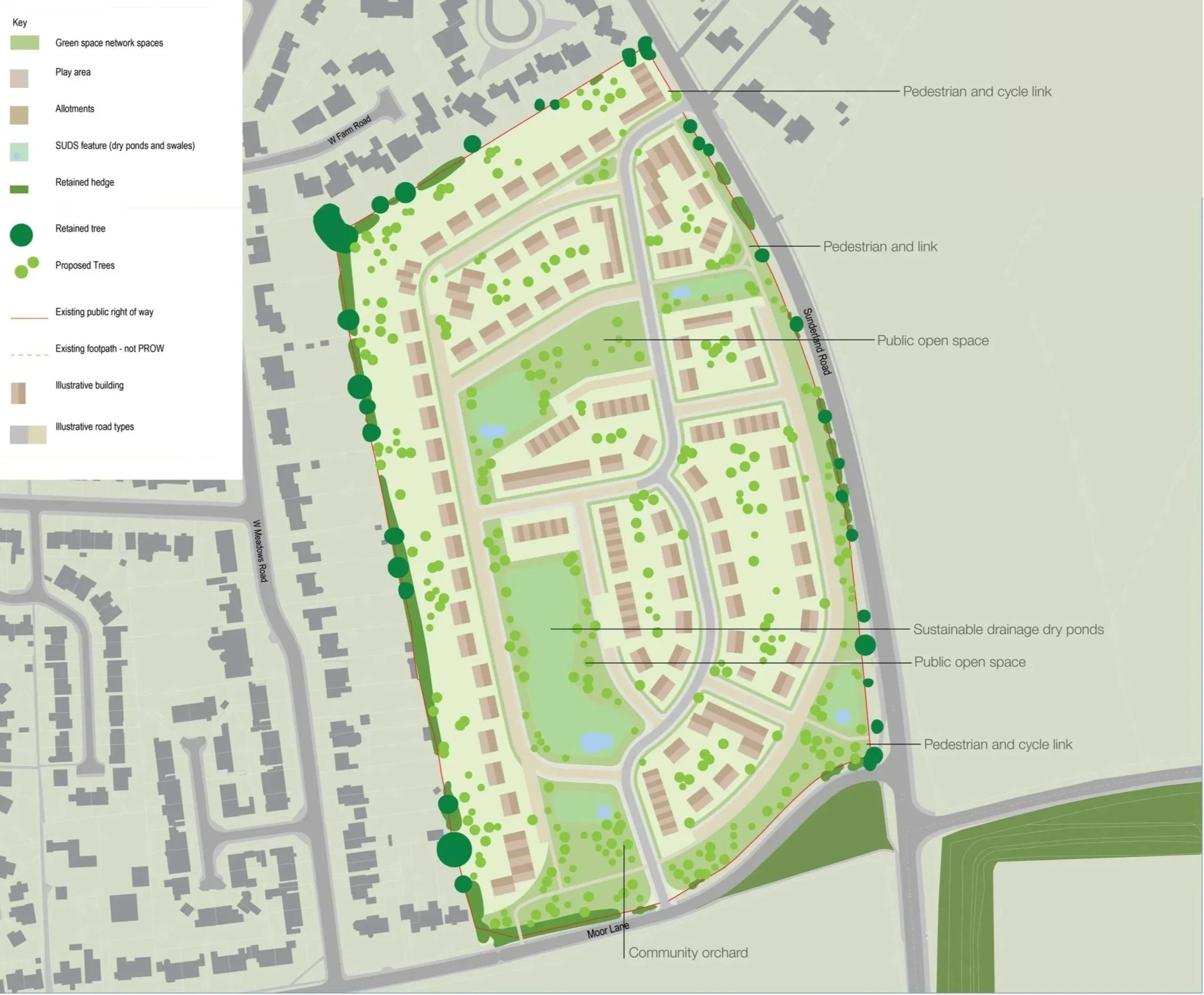 A detailed site plan showing a community development project with green space network spaces, play areas, allotments, dry ponds and swales, retained hedges and trees, pedestrian and cycle links, existing and proposed footpaths, public open spaces, and community orchards.