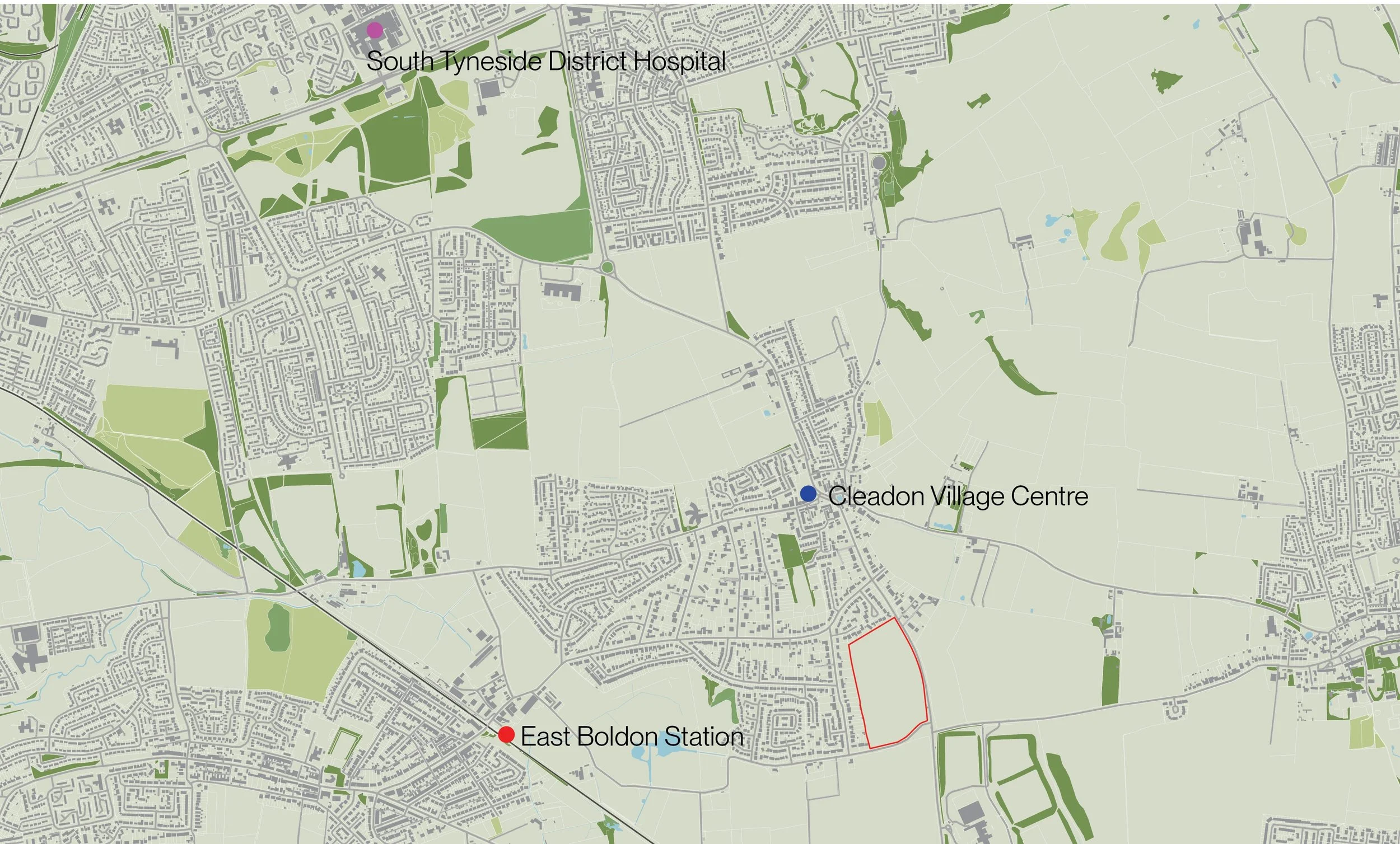 A map showing streets, parks, and landmarks including South Tyneside District Hospital, Cleadon Village Centre, and East Boldon Station, with colored markers for key locations.
