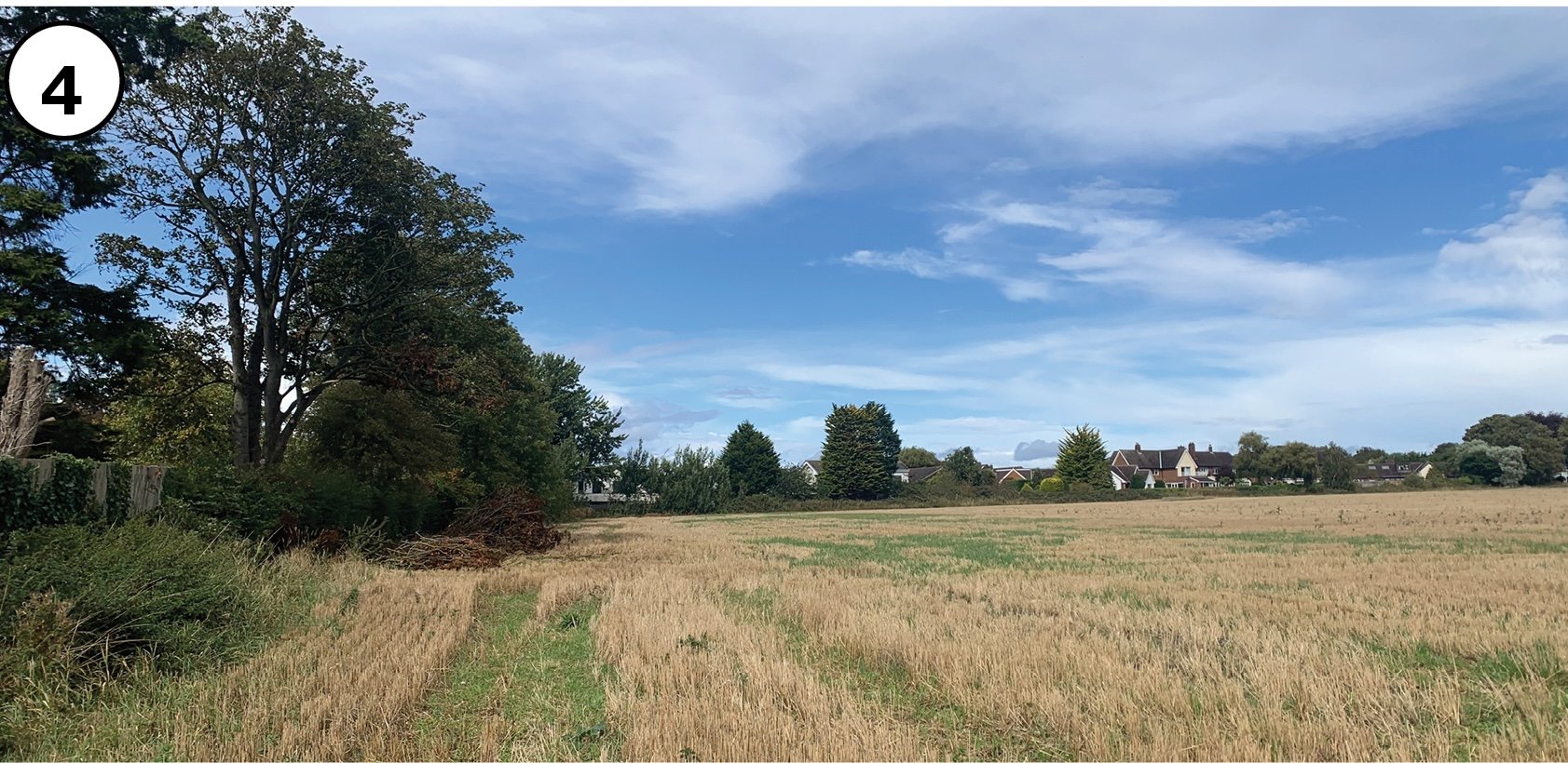 Open field with tall grass and stubble, bordered by trees and houses in the distance under a partly cloudy sky.