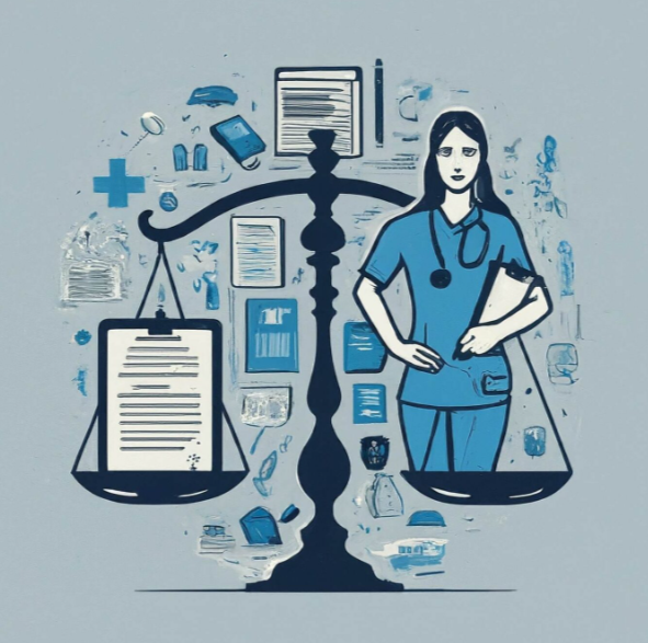 Illustration of a female healthcare professional standing next to a balance scale with legal documents and medical icons around her.