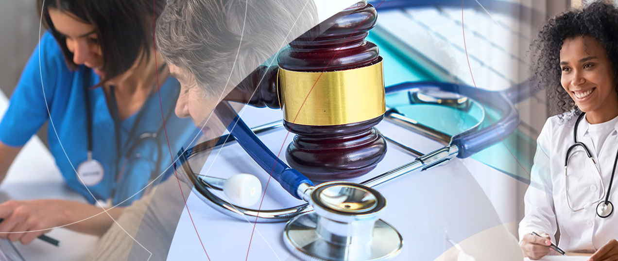 Composite image with healthcare professionals, a gavel, and medical tools.