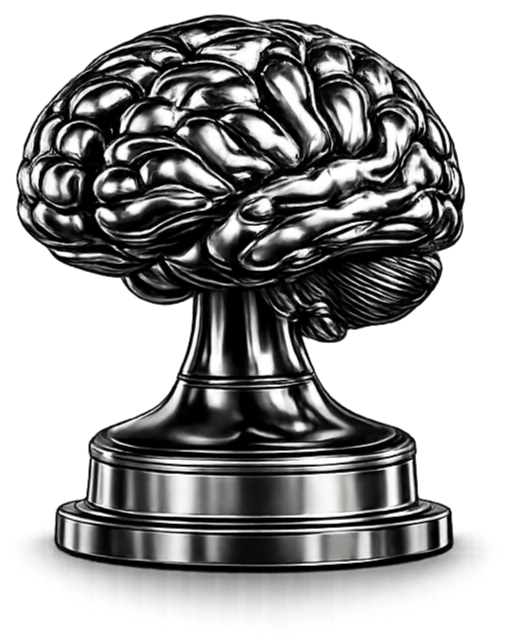 Une sculpture métallique représentant un cerveau, posée sur un socle.