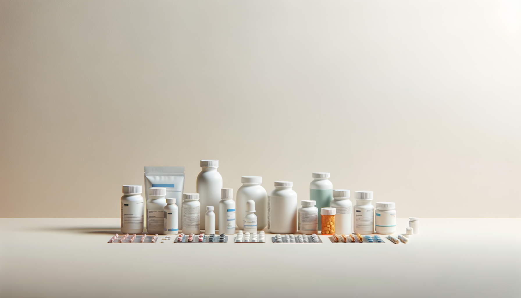 Various bottles and blister packs of medications and pills arranged on a white surface against a neutral background.