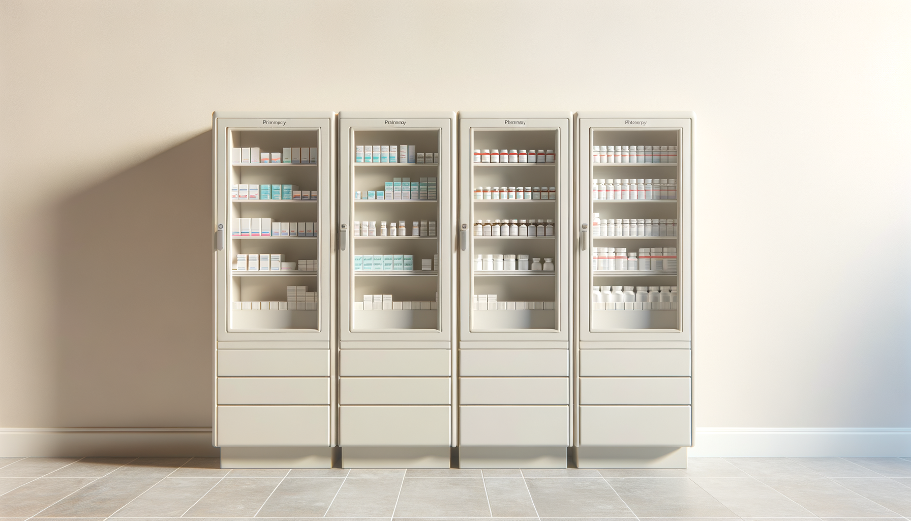 A row of four white medical storage cabinets with glass doors, filled with various bottles and boxes of medication, against a plain white wall.