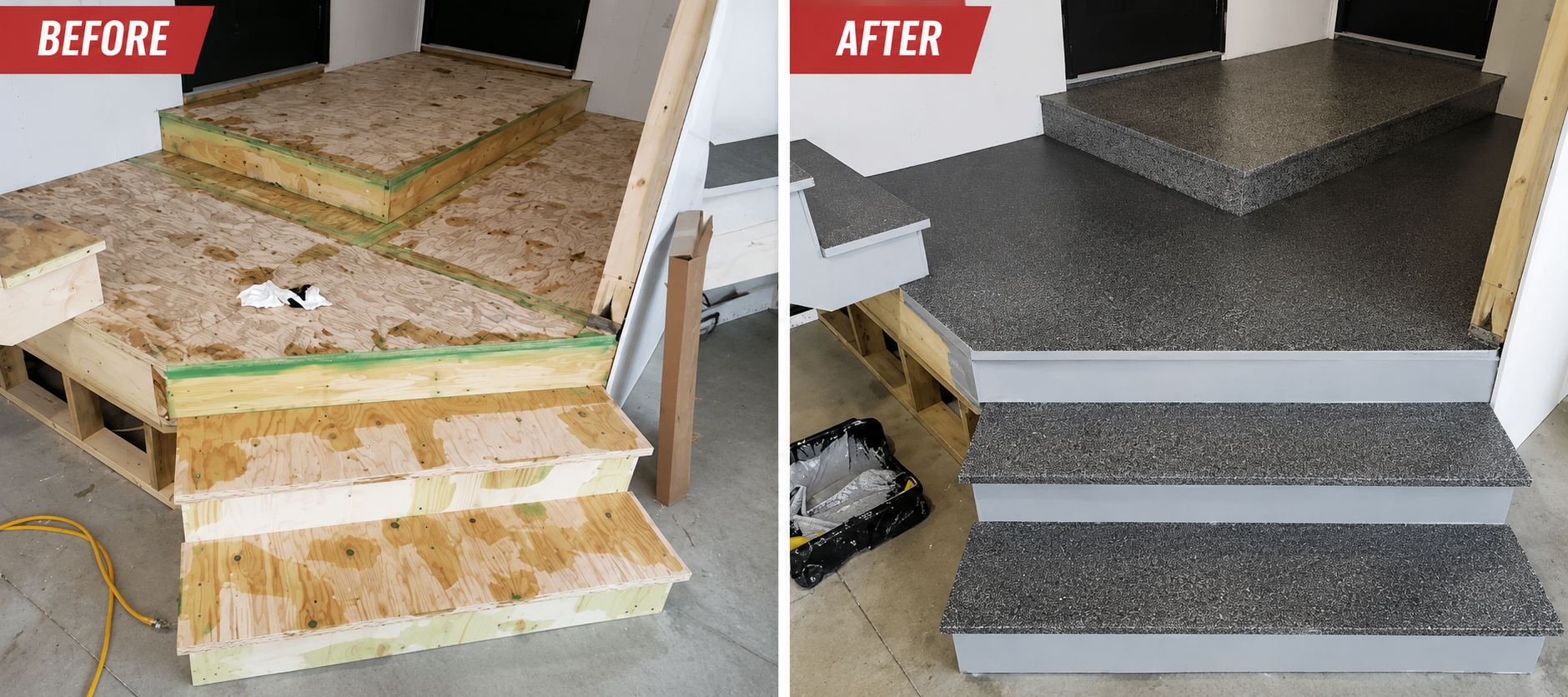 Garage Floor Steps- Polyaspartic Full Chip Broadcast - Sandy Shores Resort, SK