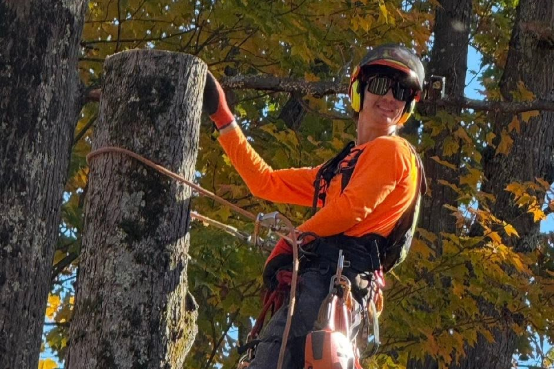 A smiling man standing outdoors in a wooded area, leaning against a tree with his hands in his pockets. He is wearing a light gray O'Brien garage LLC baseball cap, a green and gray hoodie, and tan pants. The background features dense green foliage and a stack of cut logs.