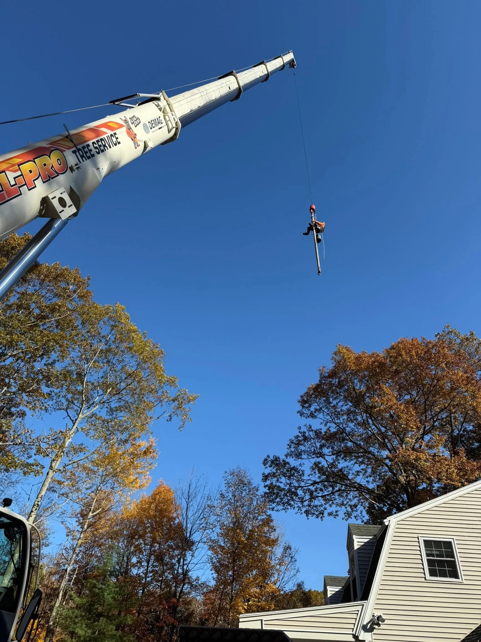 A crane lifting a worker in a bucket near a residential house with autumn-colored trees in the background.