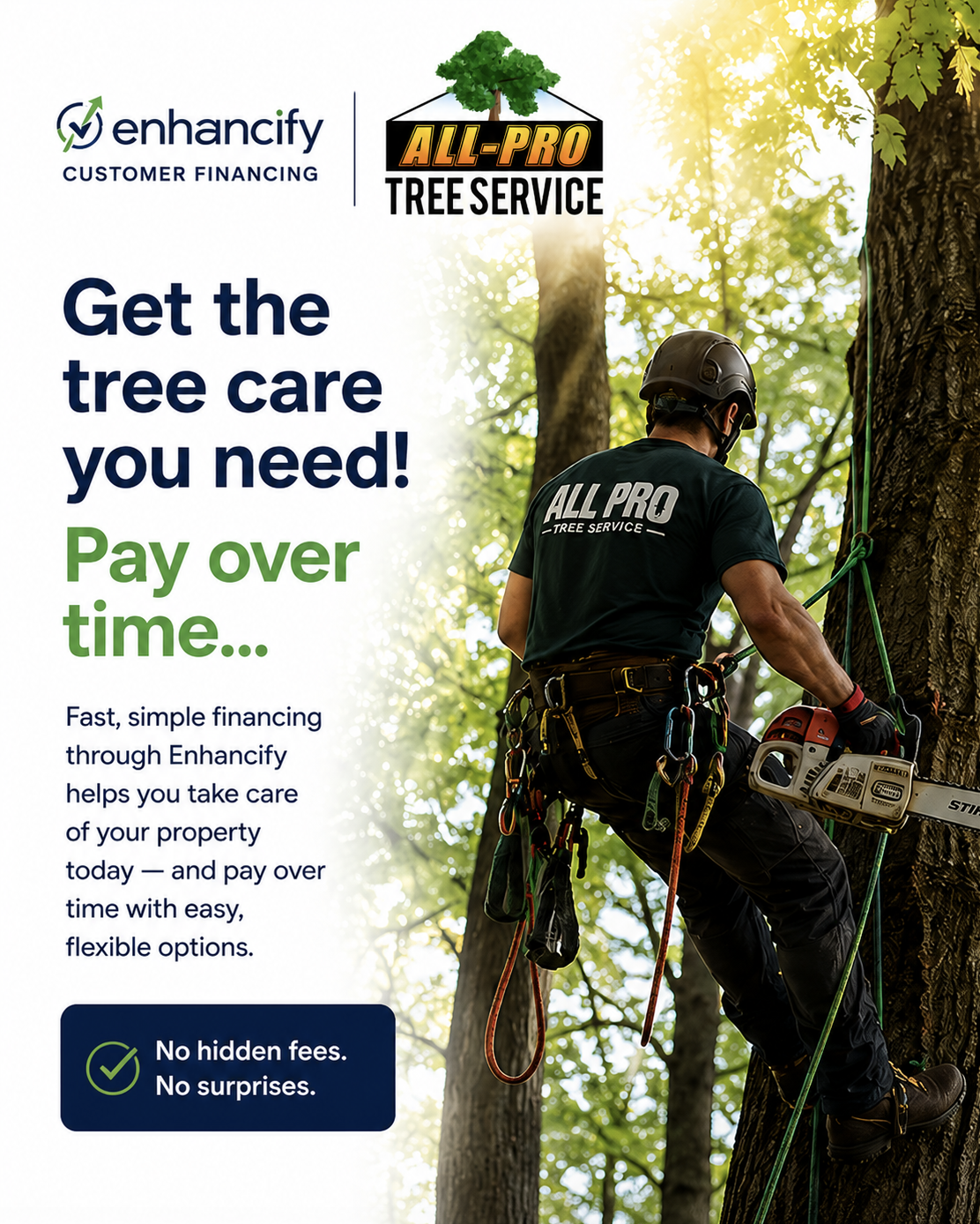 Promotional flyer for All-Pro Tree Service, showing a tree worker in safety gear cutting a tall tree with a chainsaw, with sunlight filtering through leaves in the background. Text emphasizes tree care, payment options, and no hidden fees.