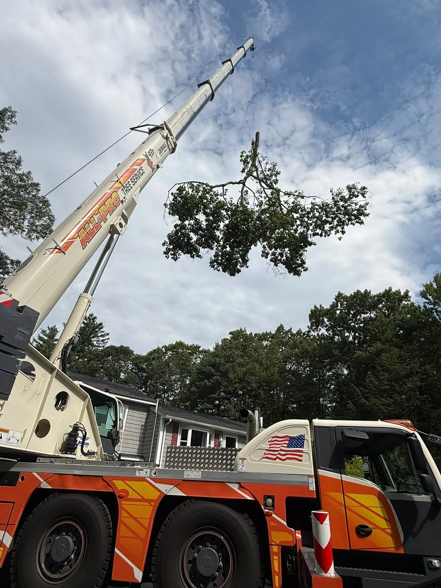 A fire truck with an extending ladder, partially visible in a residential neighborhood with trees and houses. The ladder is raised towards the sky, with a tree being cut or trimmed at the top.