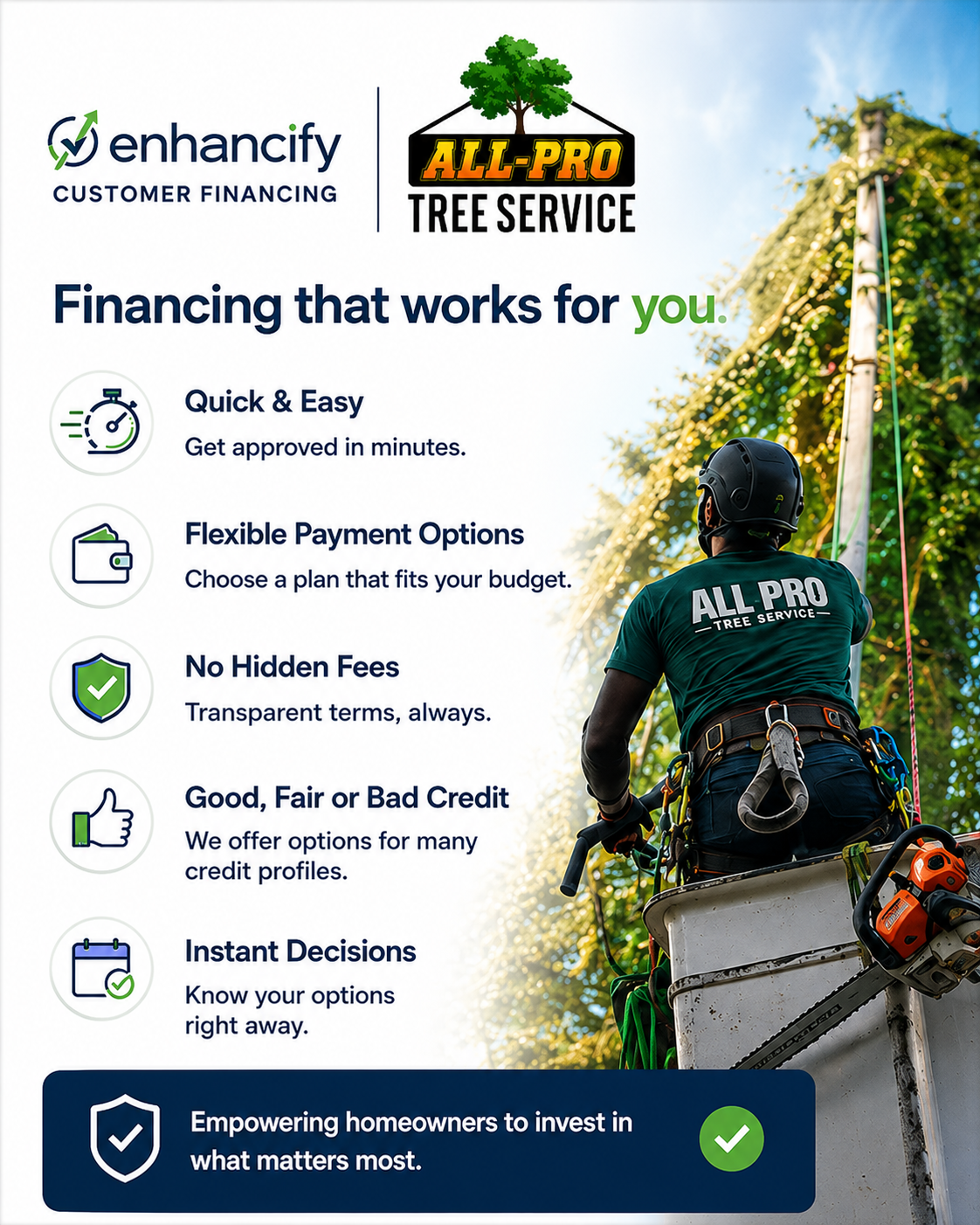 An advertisement for enhance customer financing and All-Pro Tree Service. It highlights benefits such as quick approval, flexible payment options, no hidden fees, credit options, and instant decisions. The image features a tree service worker wearing a helmet and a green uniform at a tree trimming site, with trees and the sky in the background.