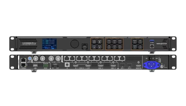Front and back view of a professional audio equipment rack unit, including an audio processor and network switch with various ports and controls.