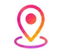 Colorful map pin icon with a pink, orange, and yellow gradient and a purple circular base.