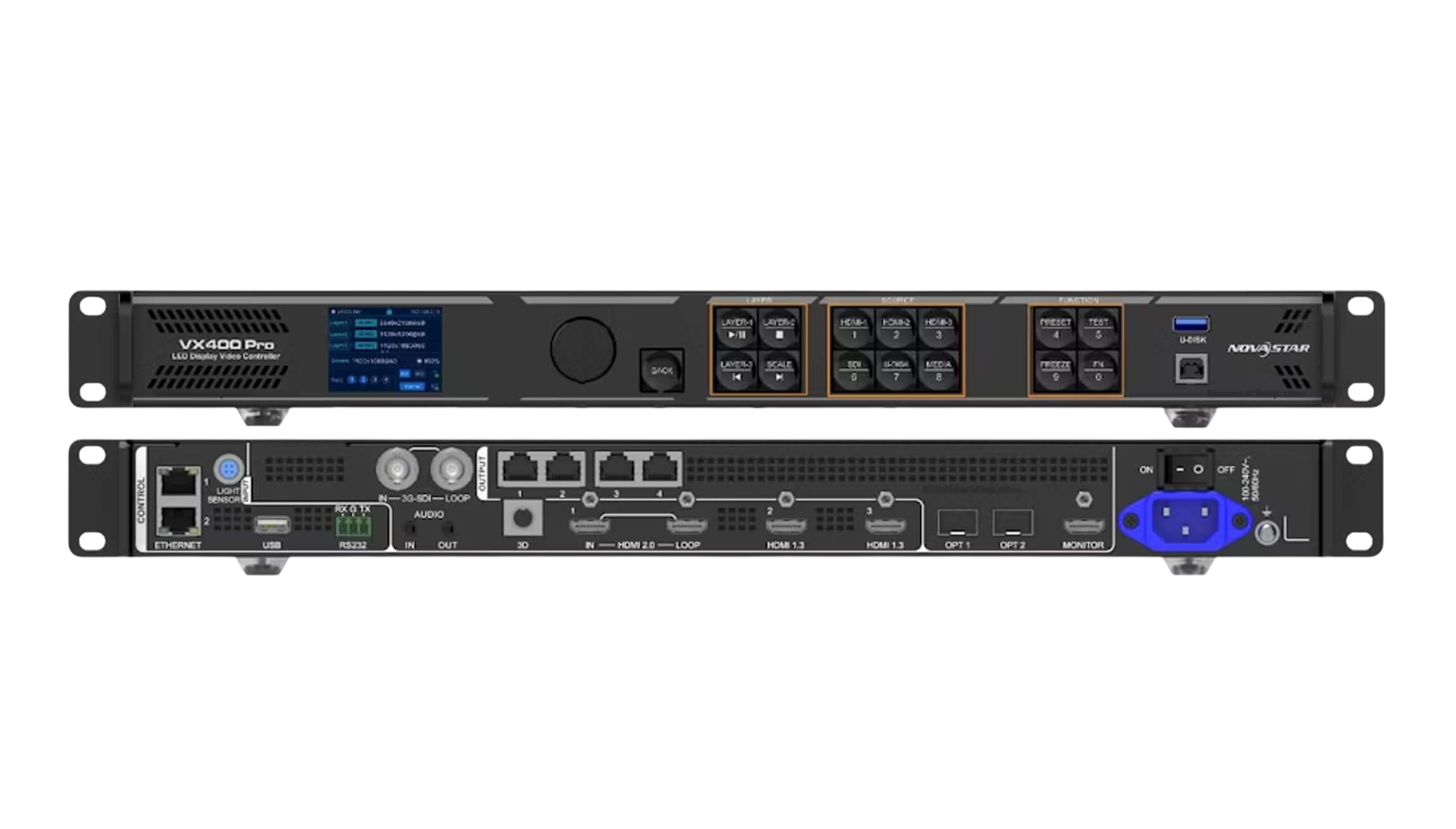 Rack-mounted video equipment, including a control device with a small display screen and various ports and connectors.