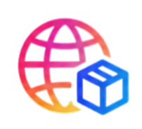 Colorful plastic geometric toys, including a pink and orange globe-shaped sphere and a blue cube with yellow and green accents