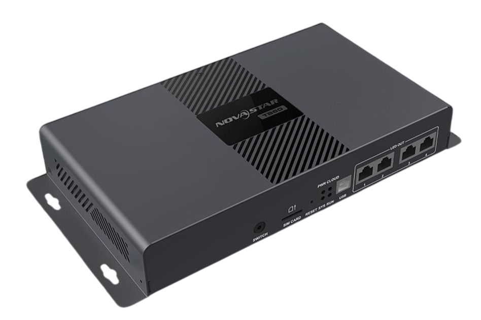 A black Novastar T300 LED display controller with ports for network, power, and USB, and an LED indicator panel.