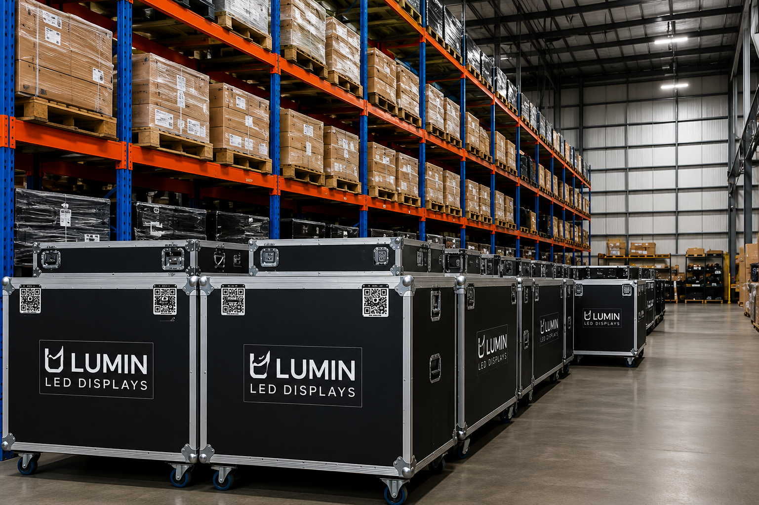 Warehouse with shelves of boxed inventory and black LED display cases labeled 'LUMIN LED DISPLAYS' on wheels.