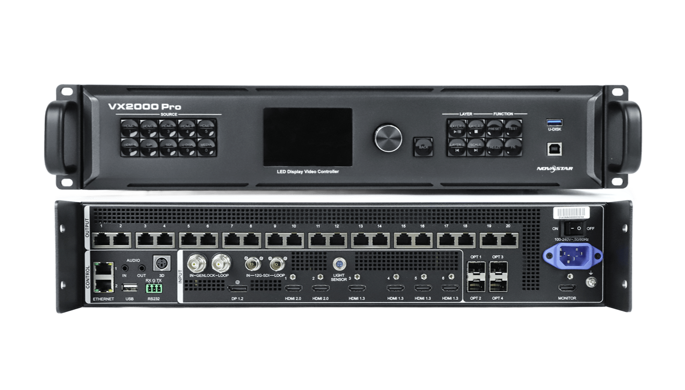 Electronic equipment consisting of a video controller and network switch rack-mounted in black units, with multiple ports and connection interfaces.