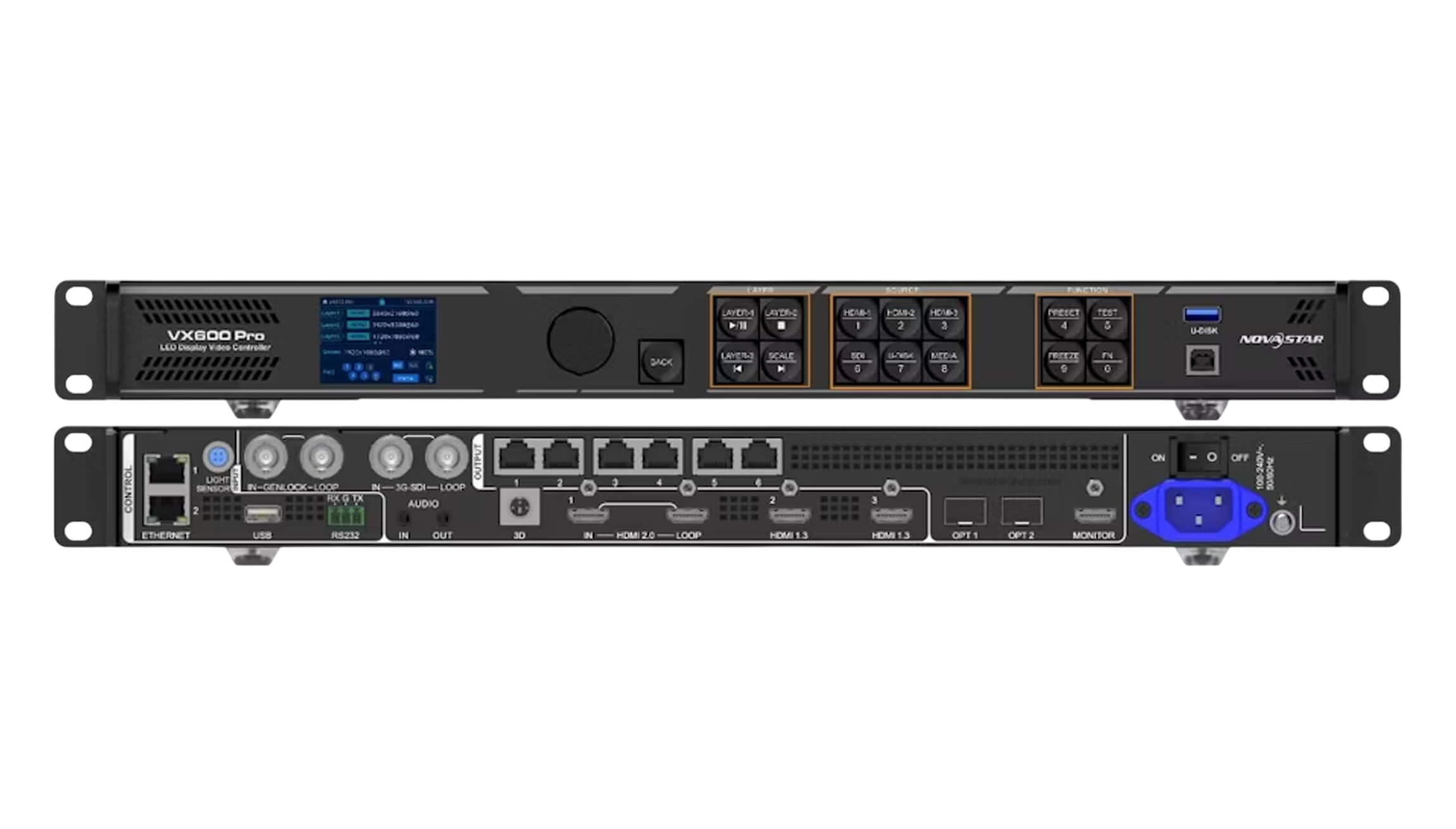 A professional video equipment rack, including a LED display video controller on top and various ports and connectors below.