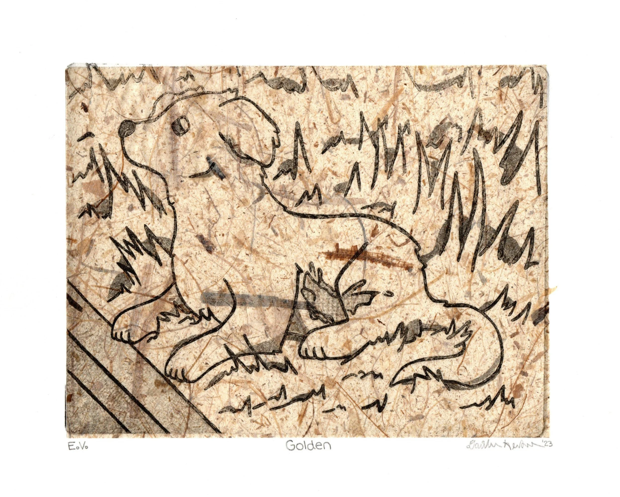 Golden, 2023, intaglio print with chine collé, 7" x 8.5"