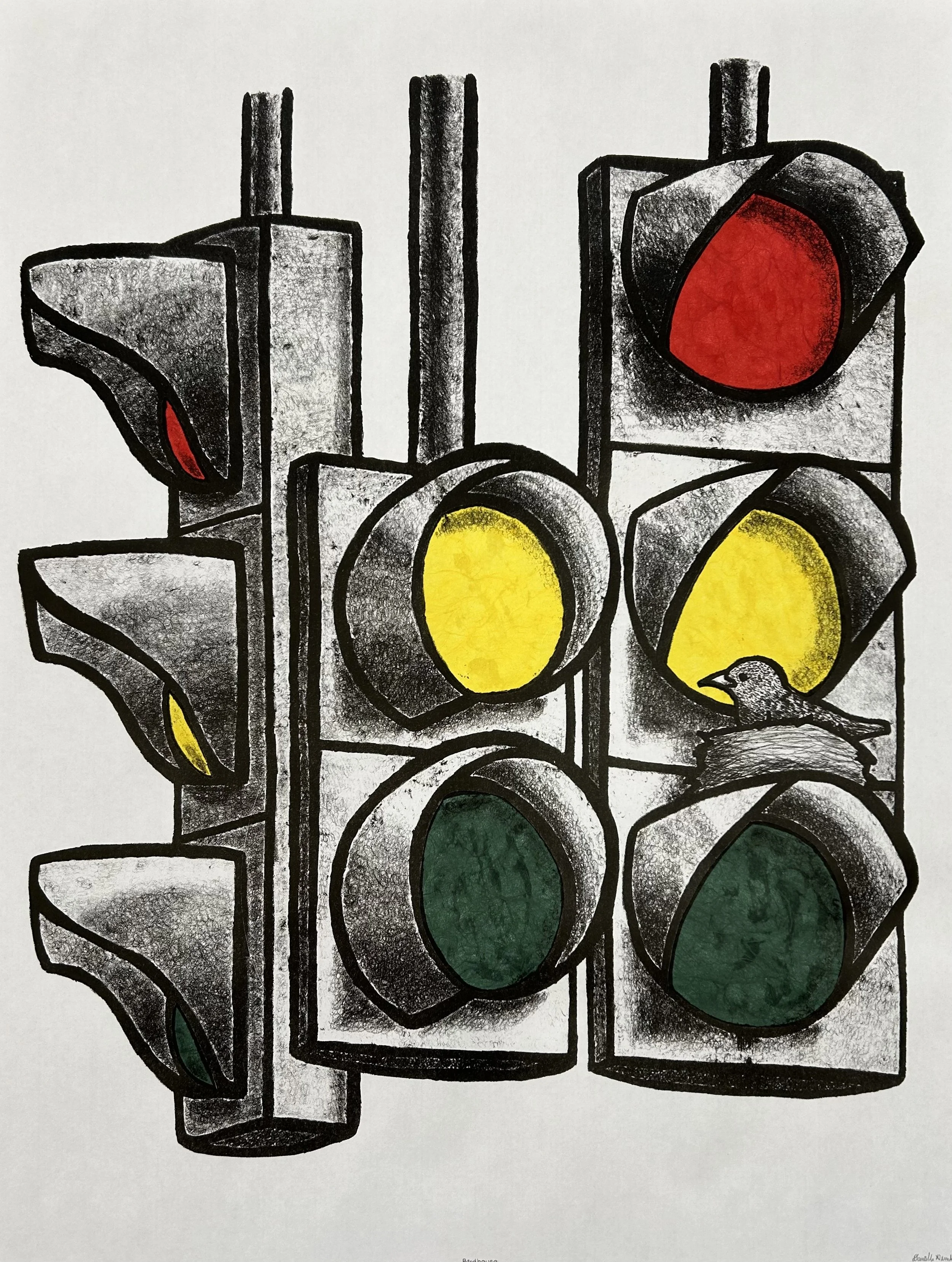 Birdhouse, 2024, stone lithograph with chine collé, 28.25" x 21.5"