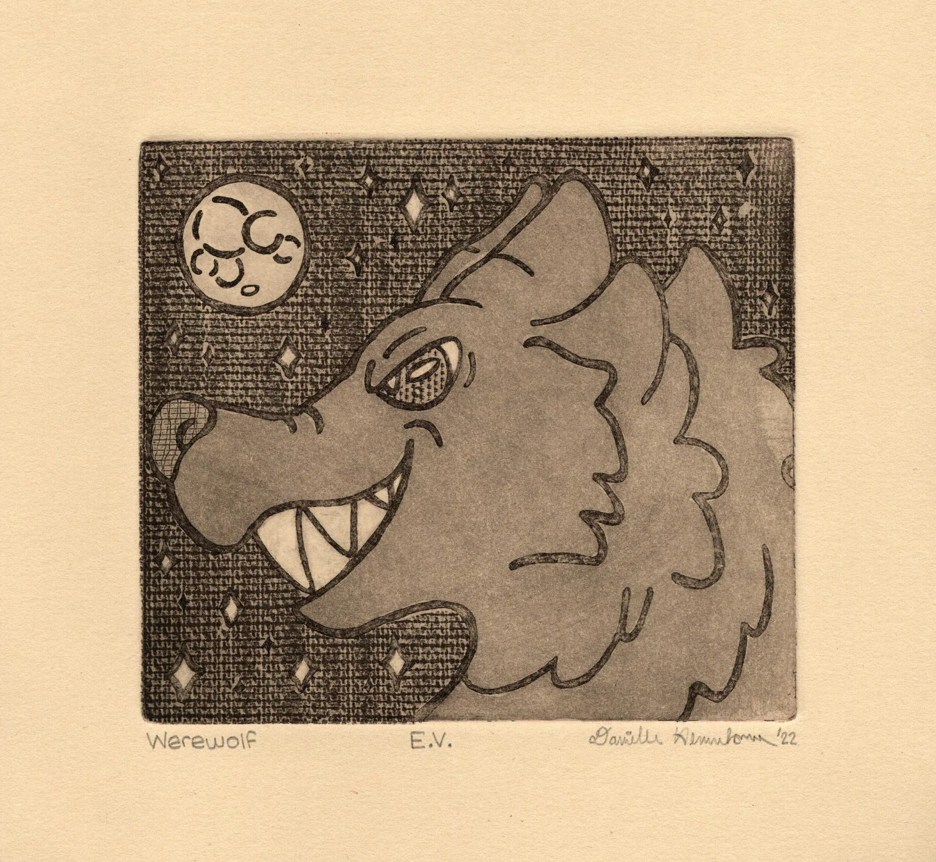 Werewolf, 2022, intaglio print, 6" x 6.75"