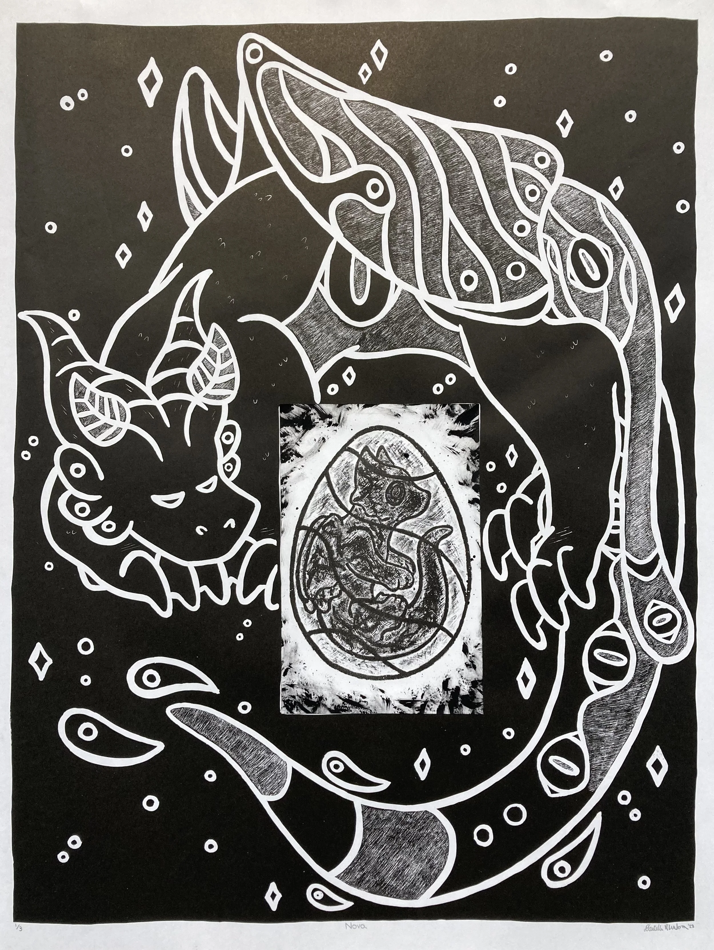 Nova, 2022, stone lithograph with collage, 25.5" x 19.25"
