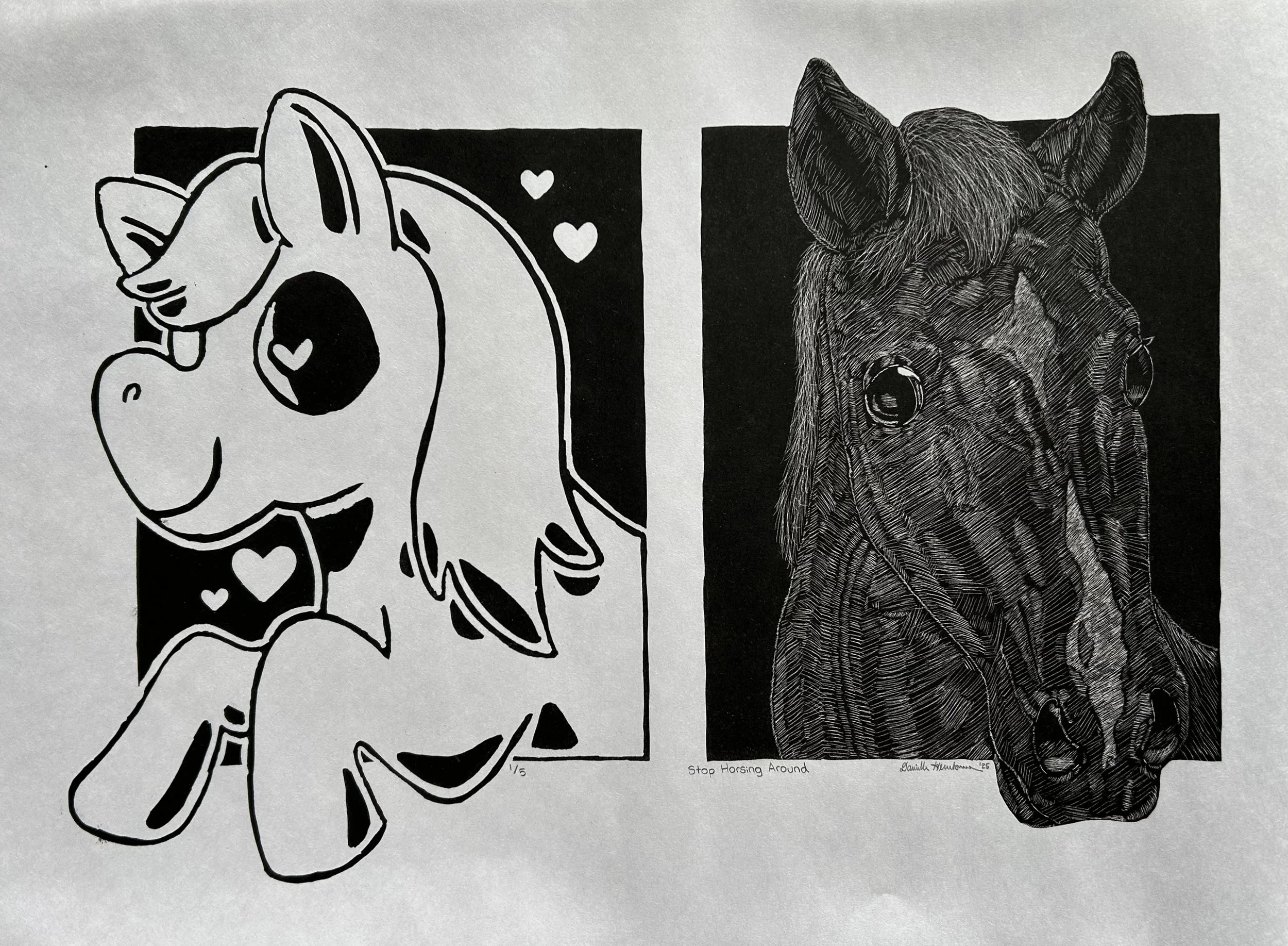 Stop Horsing Around, 2025, stone lithograph, 12.5" x 17.25"