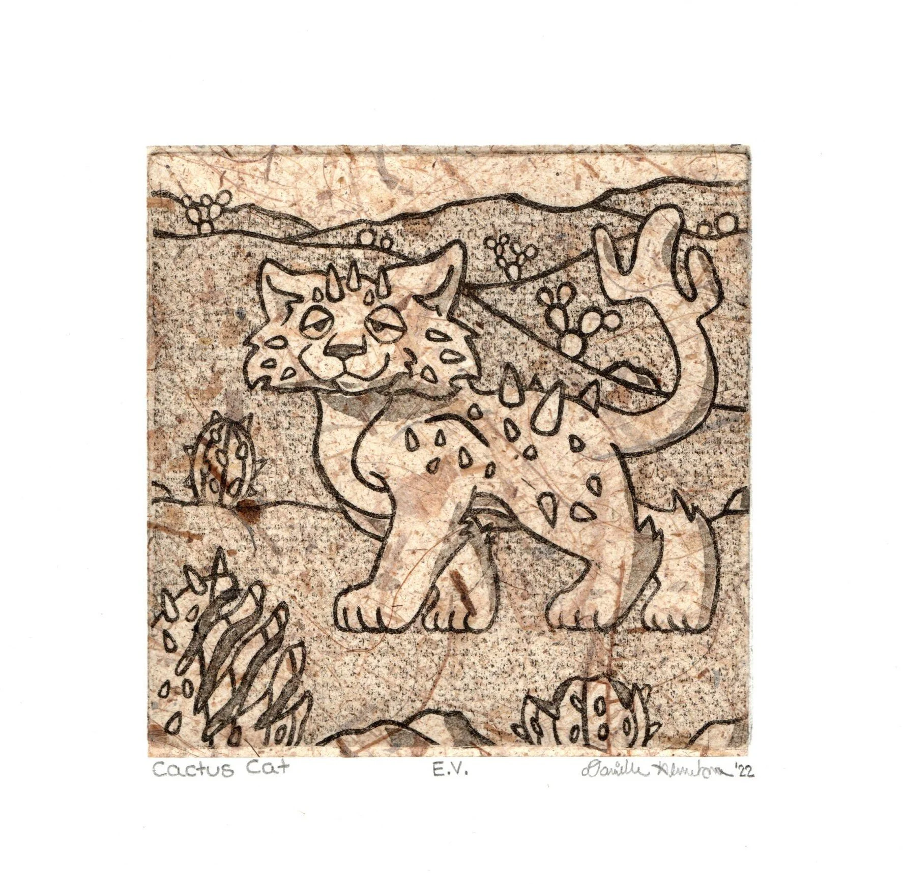 Cactus Cat, 2022, intaglio print with chine collé, 6" x 6"