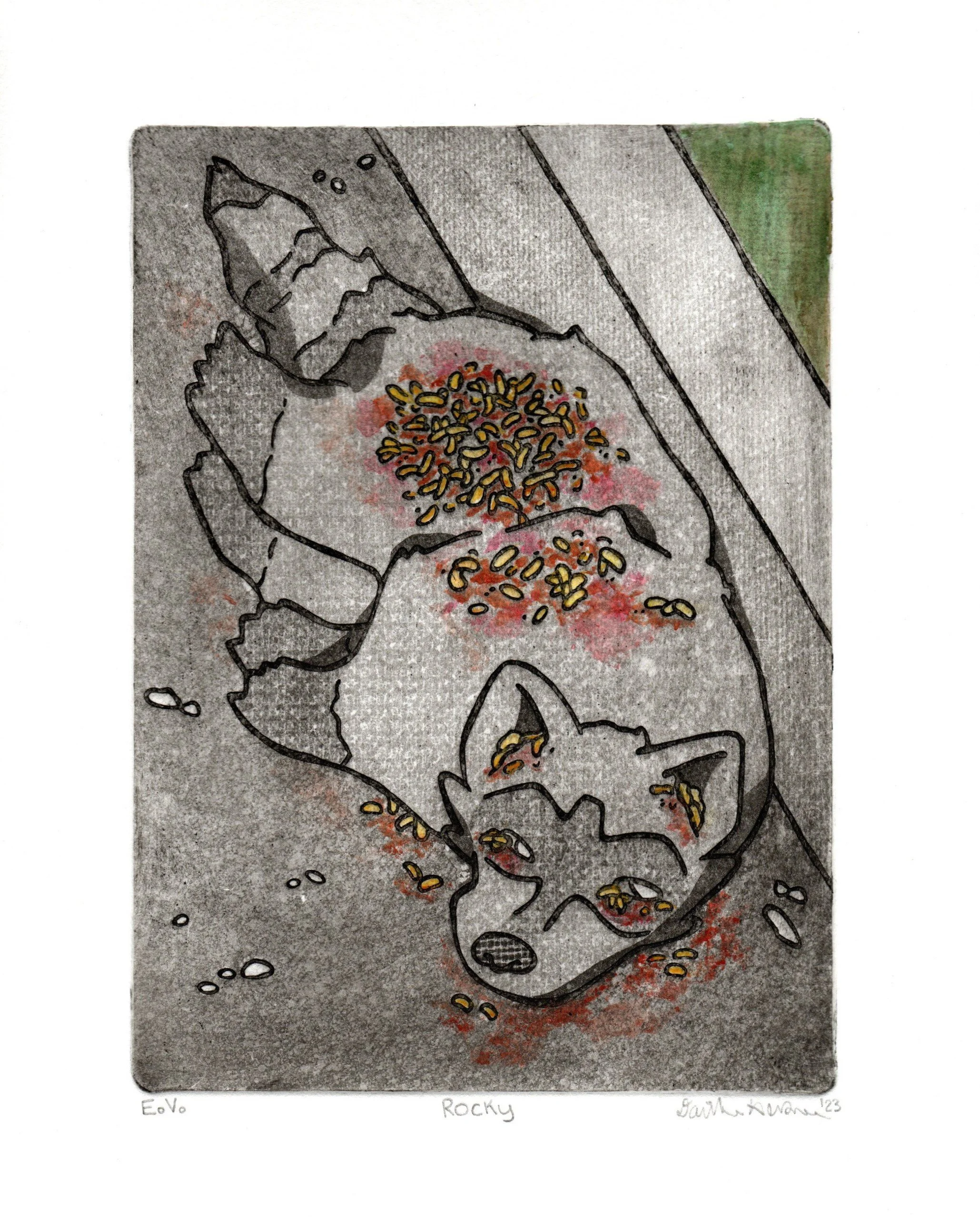 Rocky, 2023, intaglio print with watercolor, 8.75" x 7"