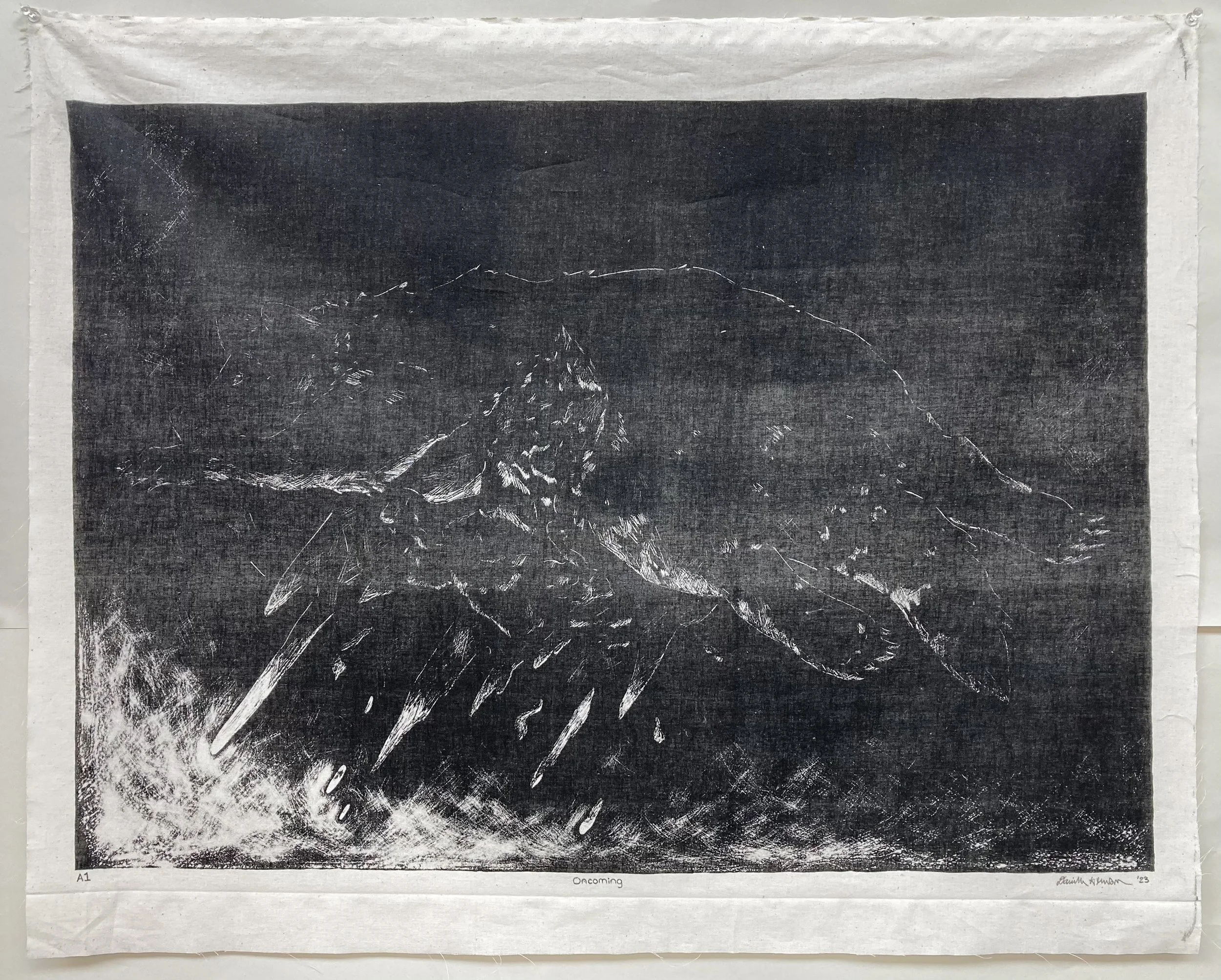 Oncoming, 2023, stone lithograph on fabric, 24.5" x 30"