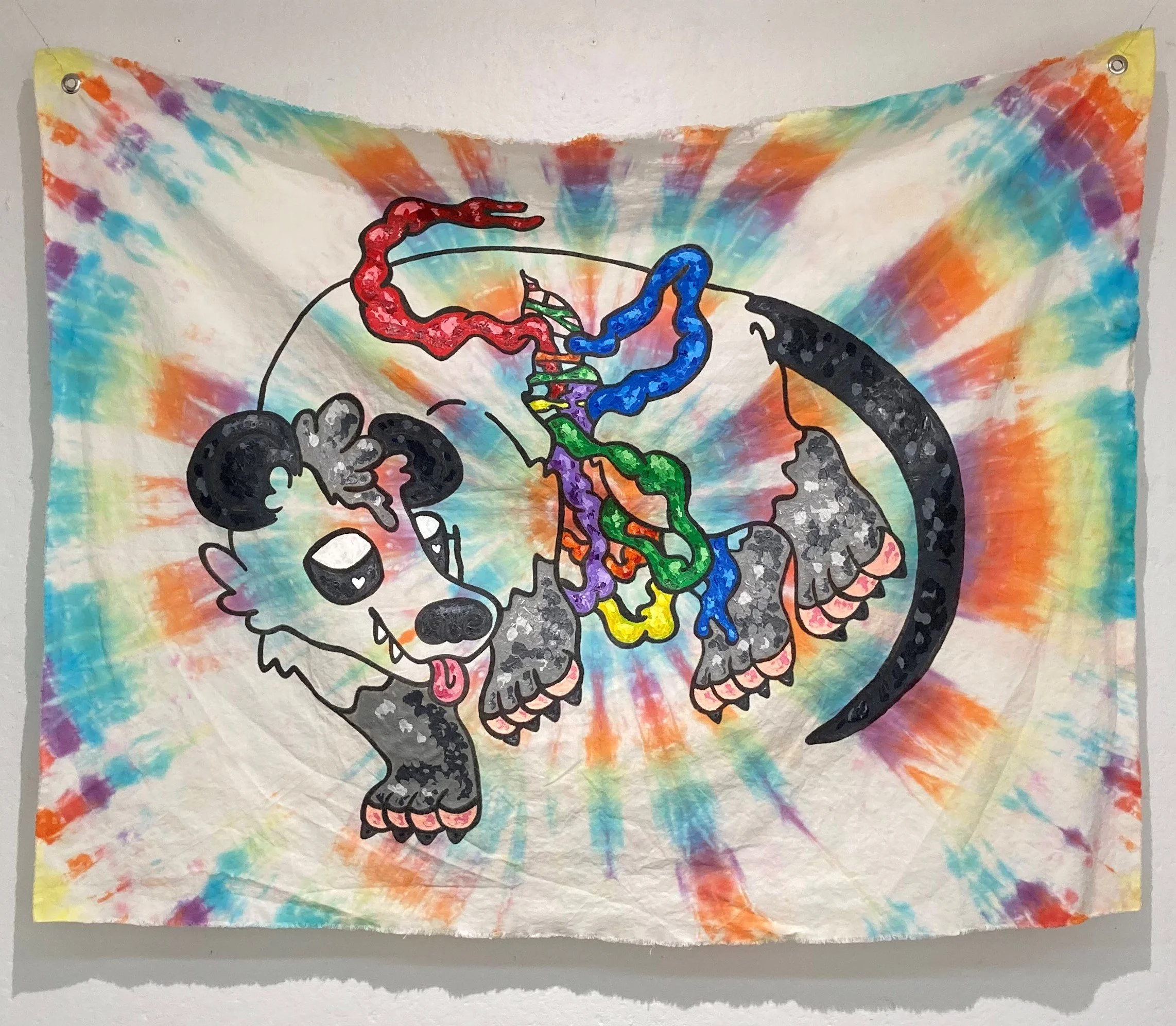 When It Dyes, 2022, acrylic and ink on dyed fabric, 35" x 44"