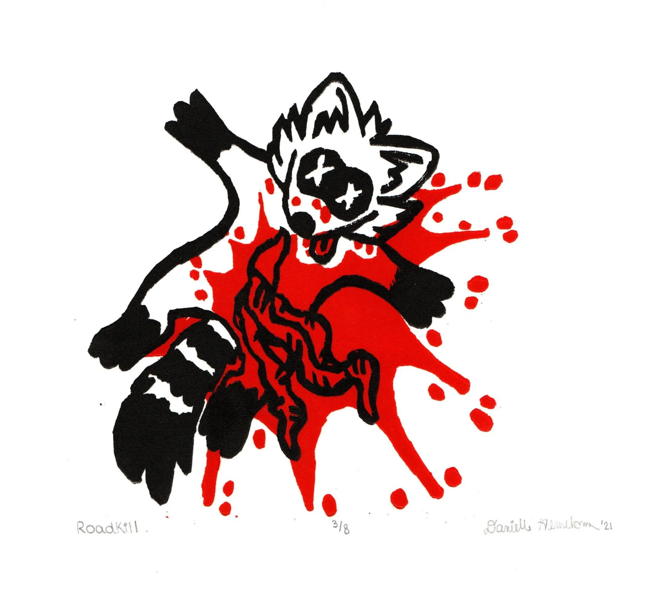 Roadkill, 2021, linoleum print, 7" x 8"