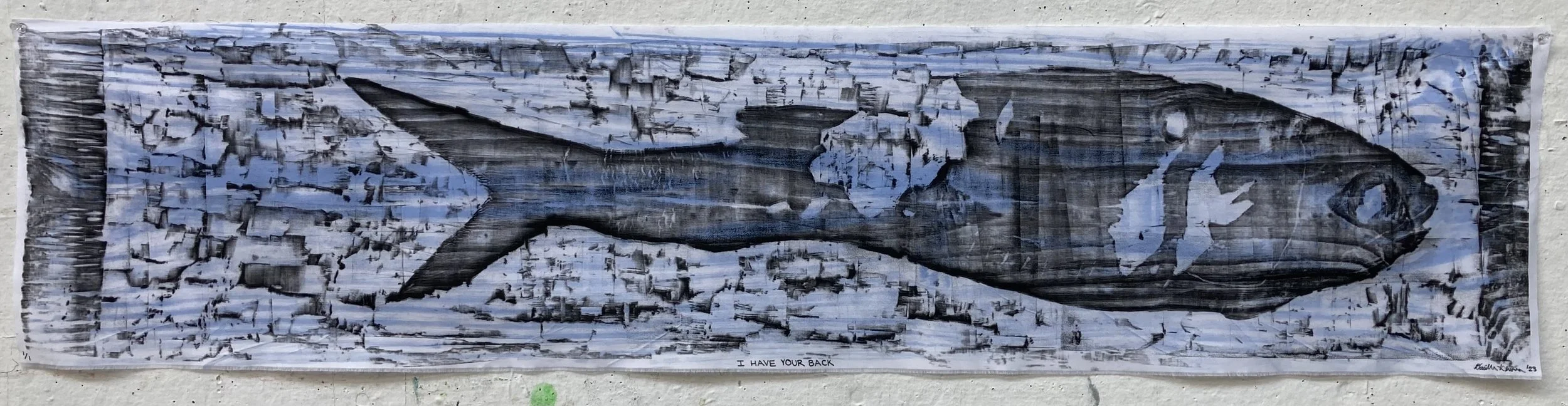 I Have Your Back, 2023, woodcut print on fabric, 11" x 48"