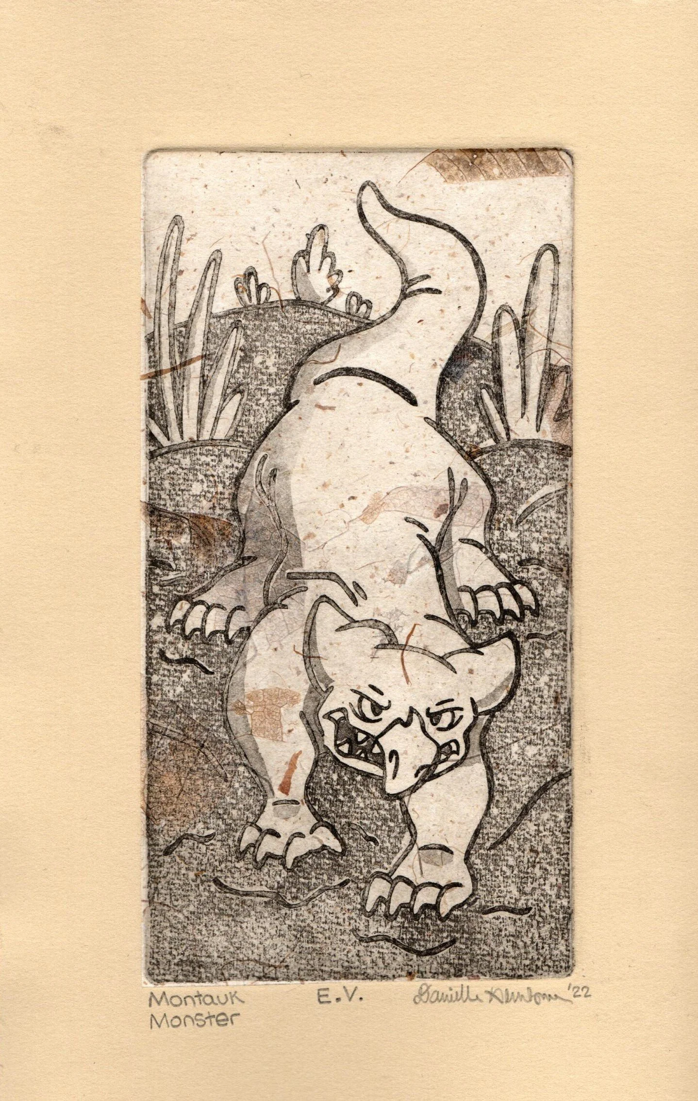 Montauk Monster, 2022, intaglio print with chine collé, 7.75" x 5"