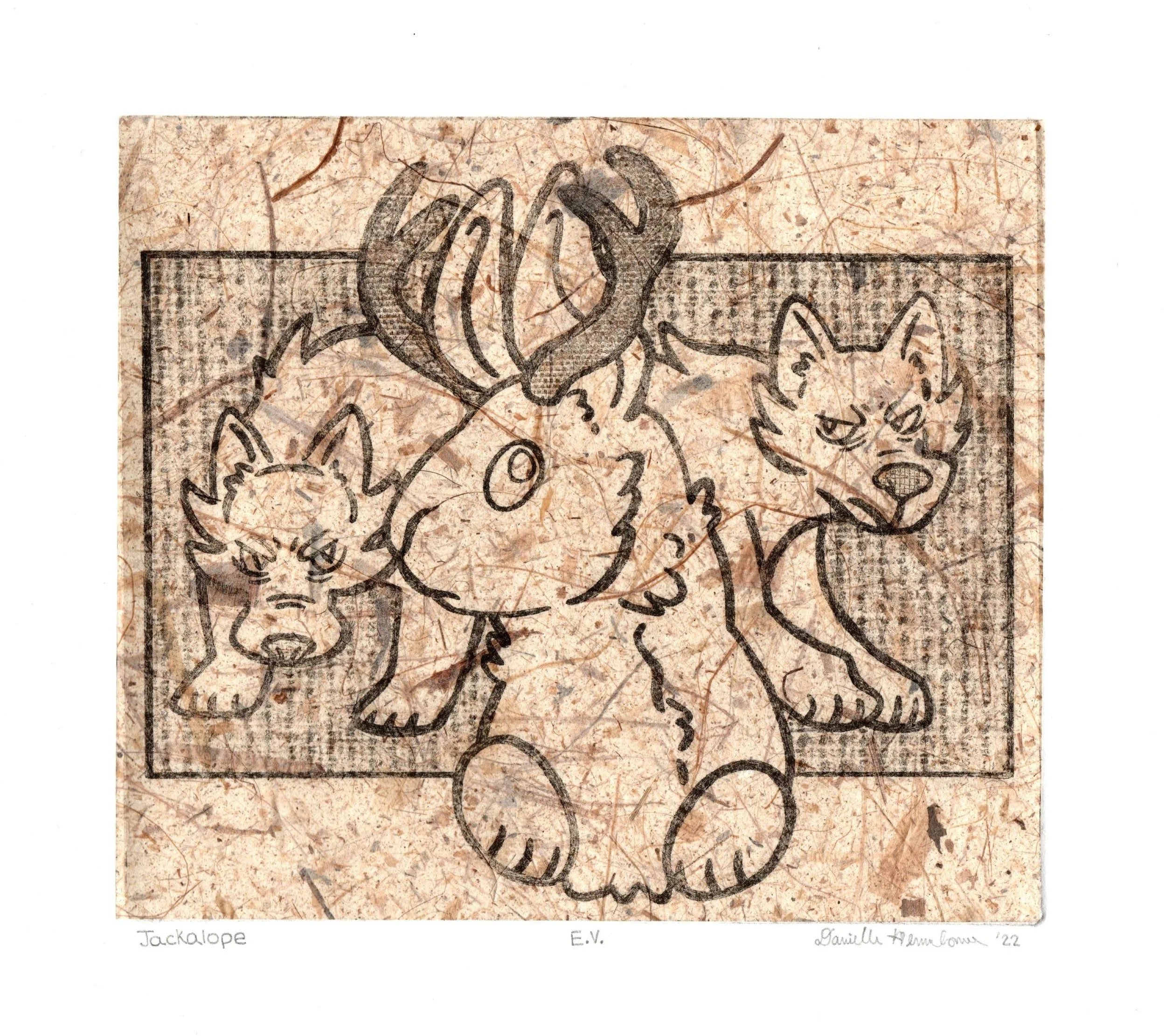 Jackalope, 2022, intaglio print with chine collé, 8" x 9"