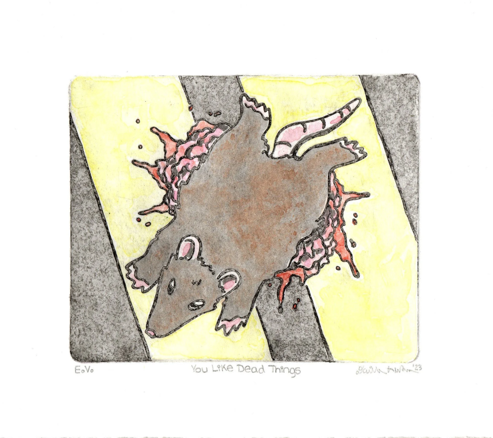 You Like Dead Things, 2023, intaglio print with watercolor, 6" x 6.75"
