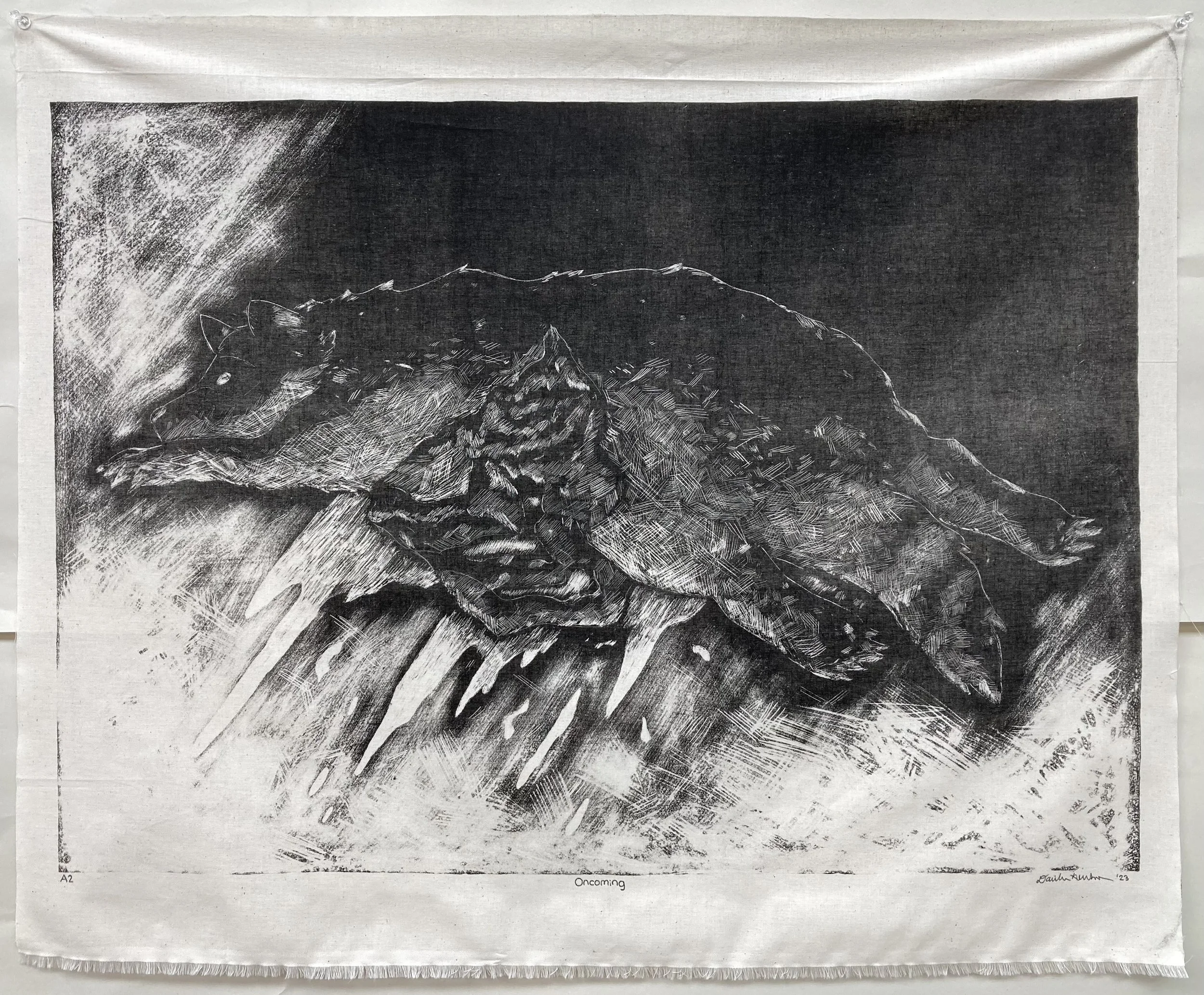 Oncoming, 2023, stone lithograph on fabric, 24.5" x 30"