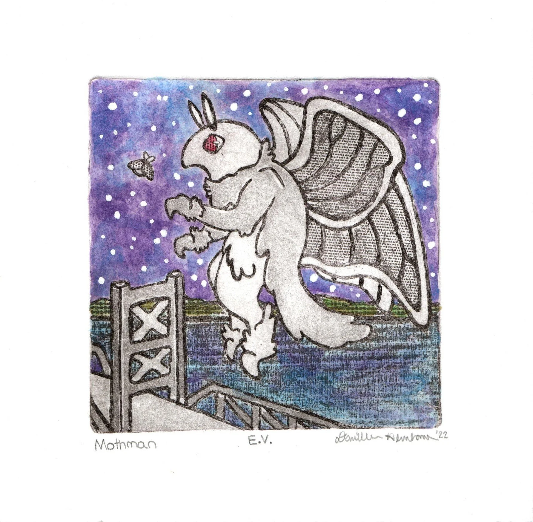 Mothman, 2022, intaglio print with watercolor, 6" x 6"