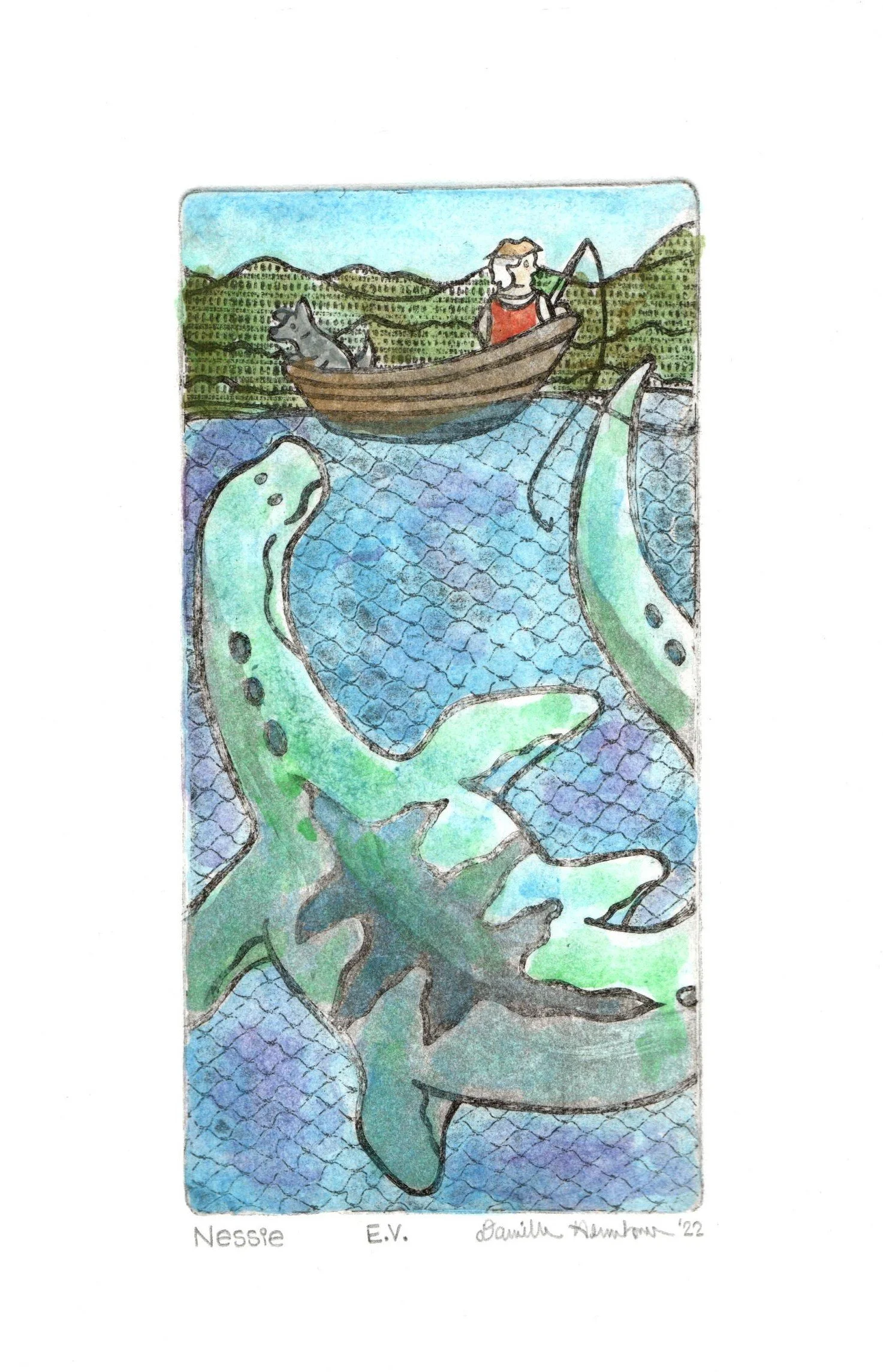 Nessie, 2022, intaglio print with watercolor, 7.75" x 5"