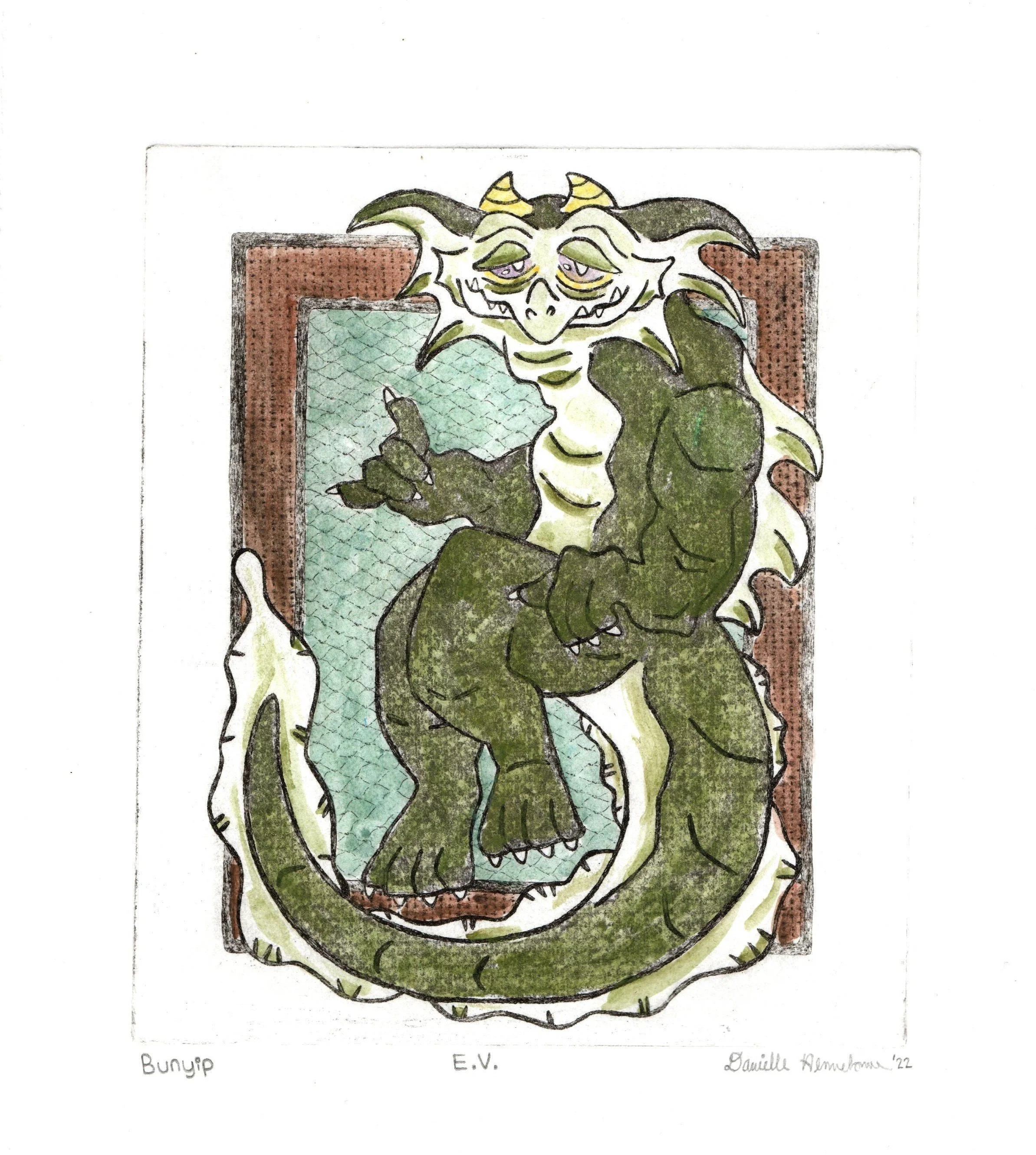 Bunyip, 2022, intaglio print with watercolor, 9" x 8"
