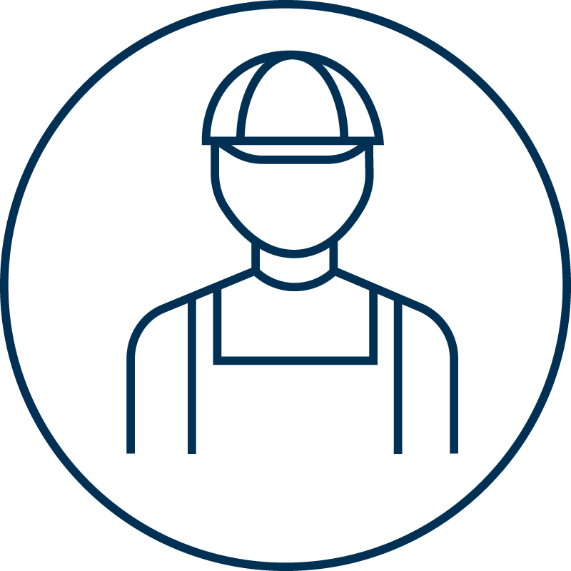 Illustration mit Linienzeichnung einer Persons mit Helm, Schürze in einem Kreis auf hellblauem Hintergrund.