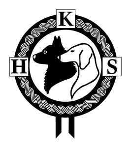 A black and white emblem with a circular design, featuring a dog's head in profile and a wolf's head facing forward in the center. The emblem is bordered with a rope-like pattern and includes the letters H, K, and S.
