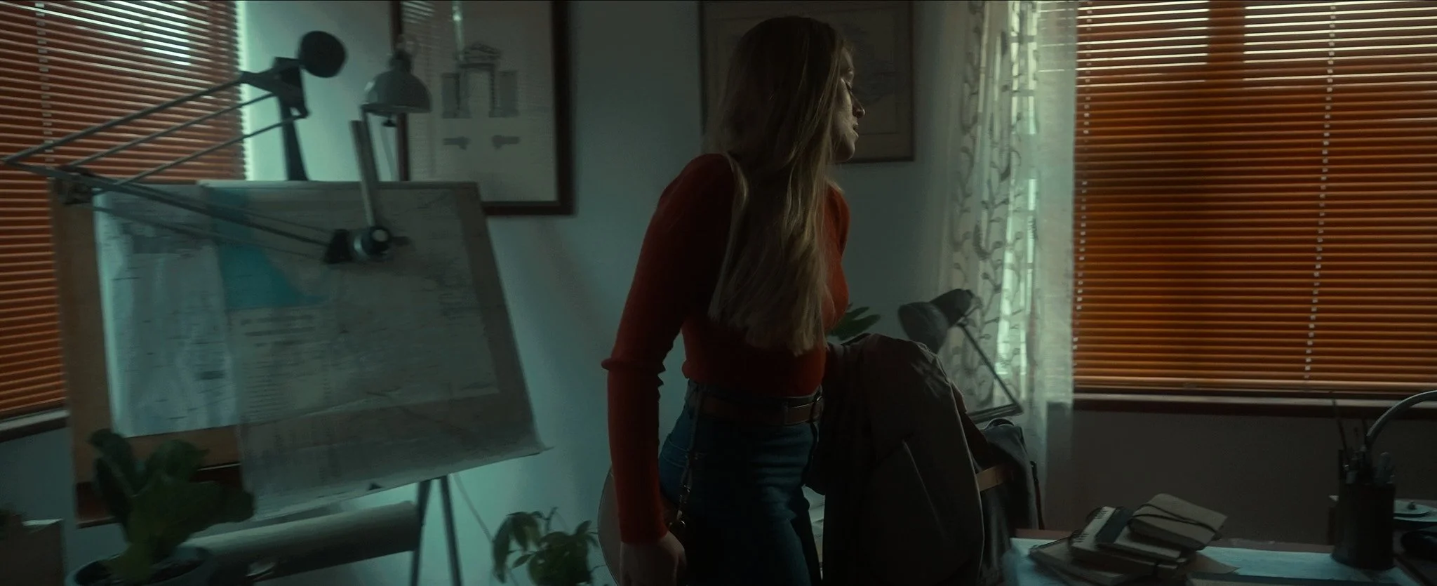 A woman with long hair, wearing a red-orange shirt and jeans, standing in an office with sunlight coming through closed blinds. There are desks, a computer, plants, and framed artwork on the wall.