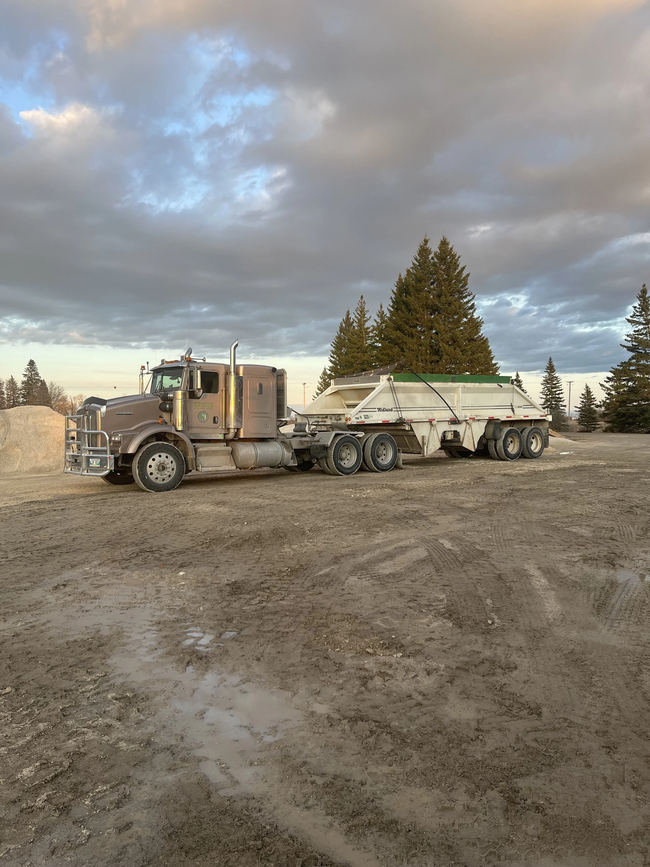 A large semi-truck with a white trailer parked on a dirt lot, surrounded by tall evergreen trees and a cloudy sky.