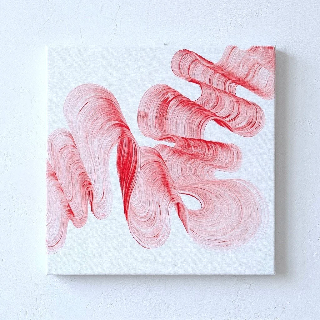 Close-up of hand-painted red fluid brushstroke lines, minimalist original abstract art Waves of Love