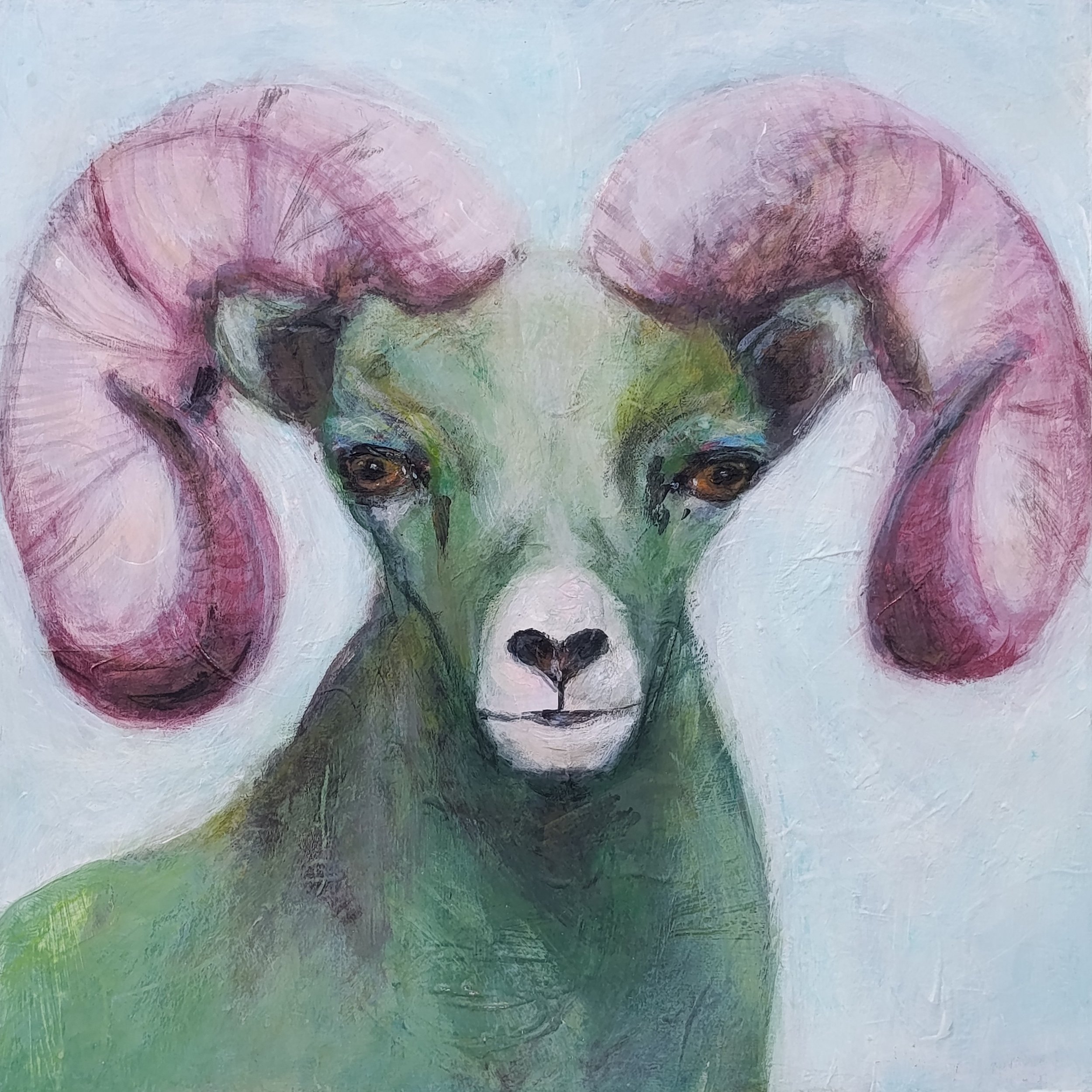 An abstract painting of a Aries  with pink ears and a white face with black eyes and nose, green and gray shading, painted in a loose, expressive style.