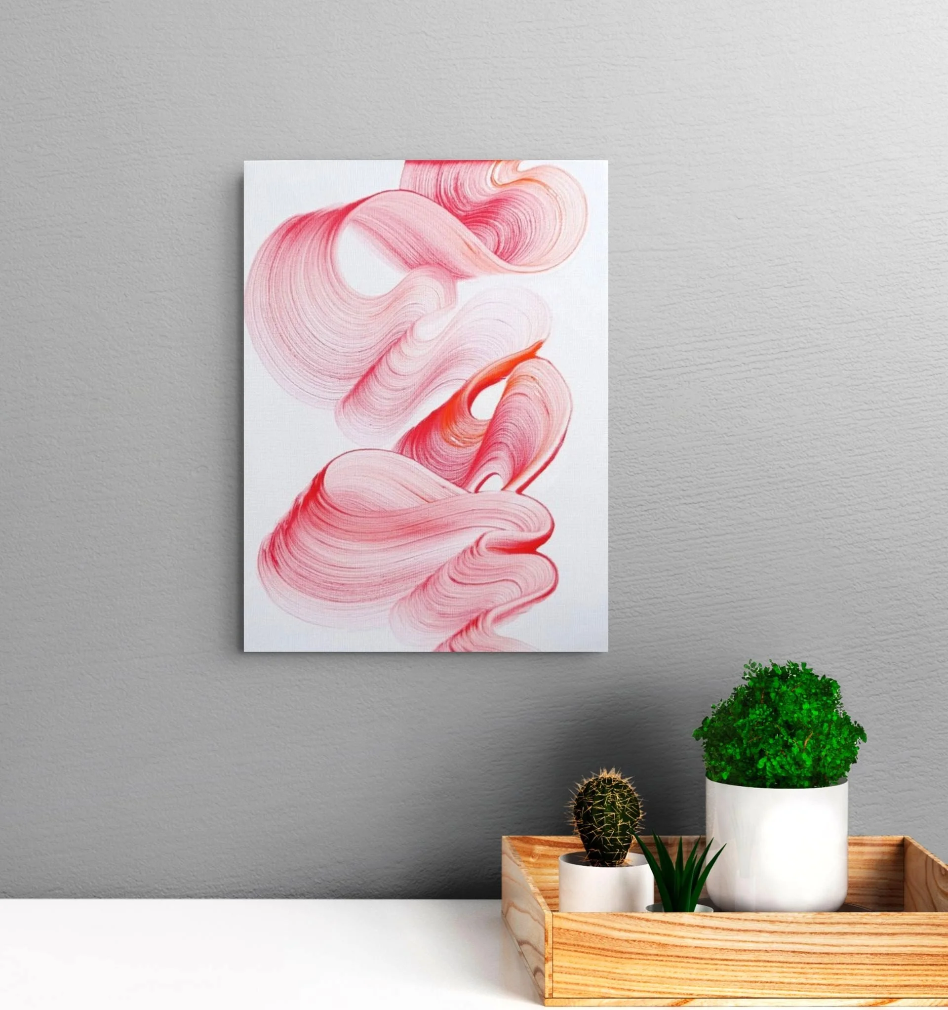Close-up of hand-painted red fluid brushstroke lines, minimalist original abstract art Waves of Love