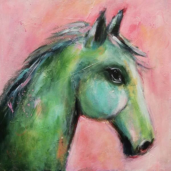 Painted portrait of a green horse against a pink background.