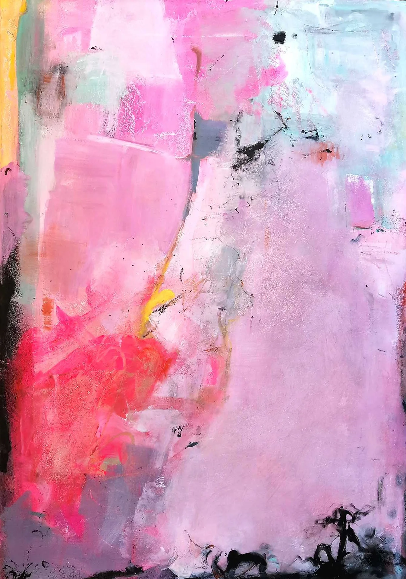 Abstract painting with pink, white, gray, black, and yellow colors, resembling a floral scene with dark silhouettes at the bottom that may be trees or plants.